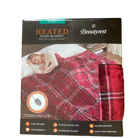 Beautyrest Heated Plush Blanket Full-Smart home compatible -80" x 84" -Red Plaid - Picture 2 of 5